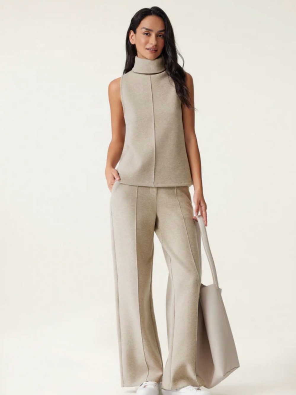 OGL Sleeveless Turtleneck Knit Top & Wide-Leg Pants Set - Beige